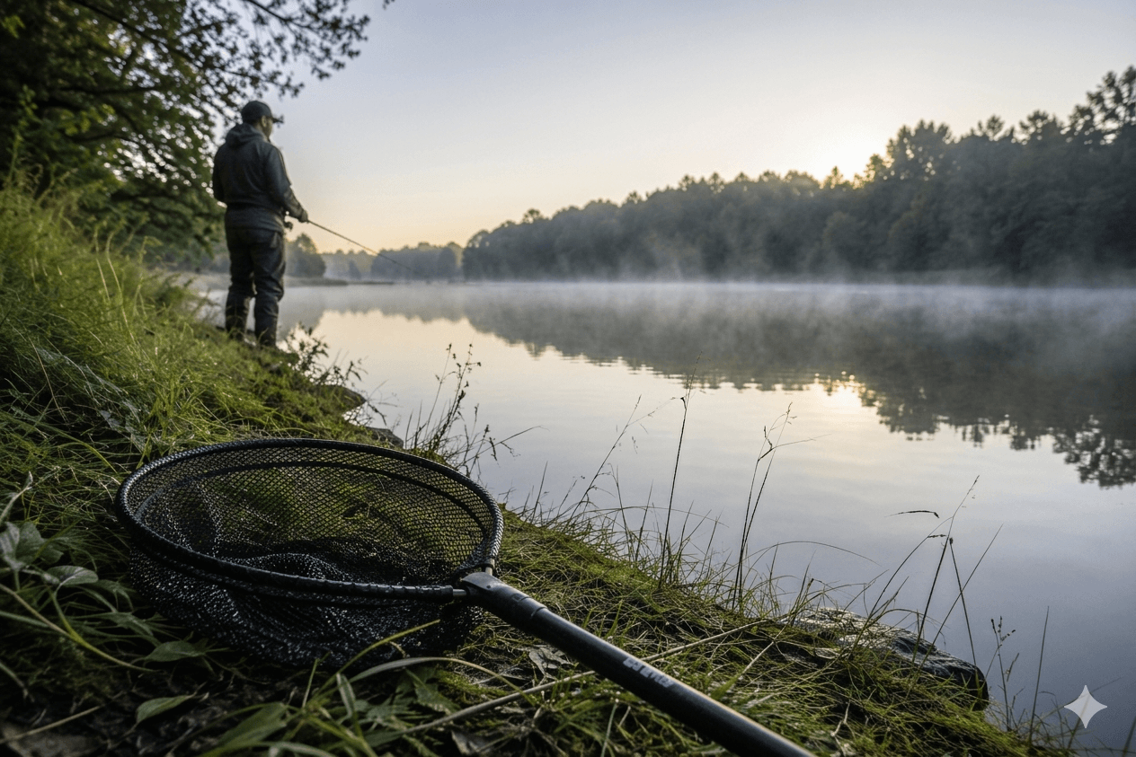 Pêcheur au bord d’un lac avec une épuisette